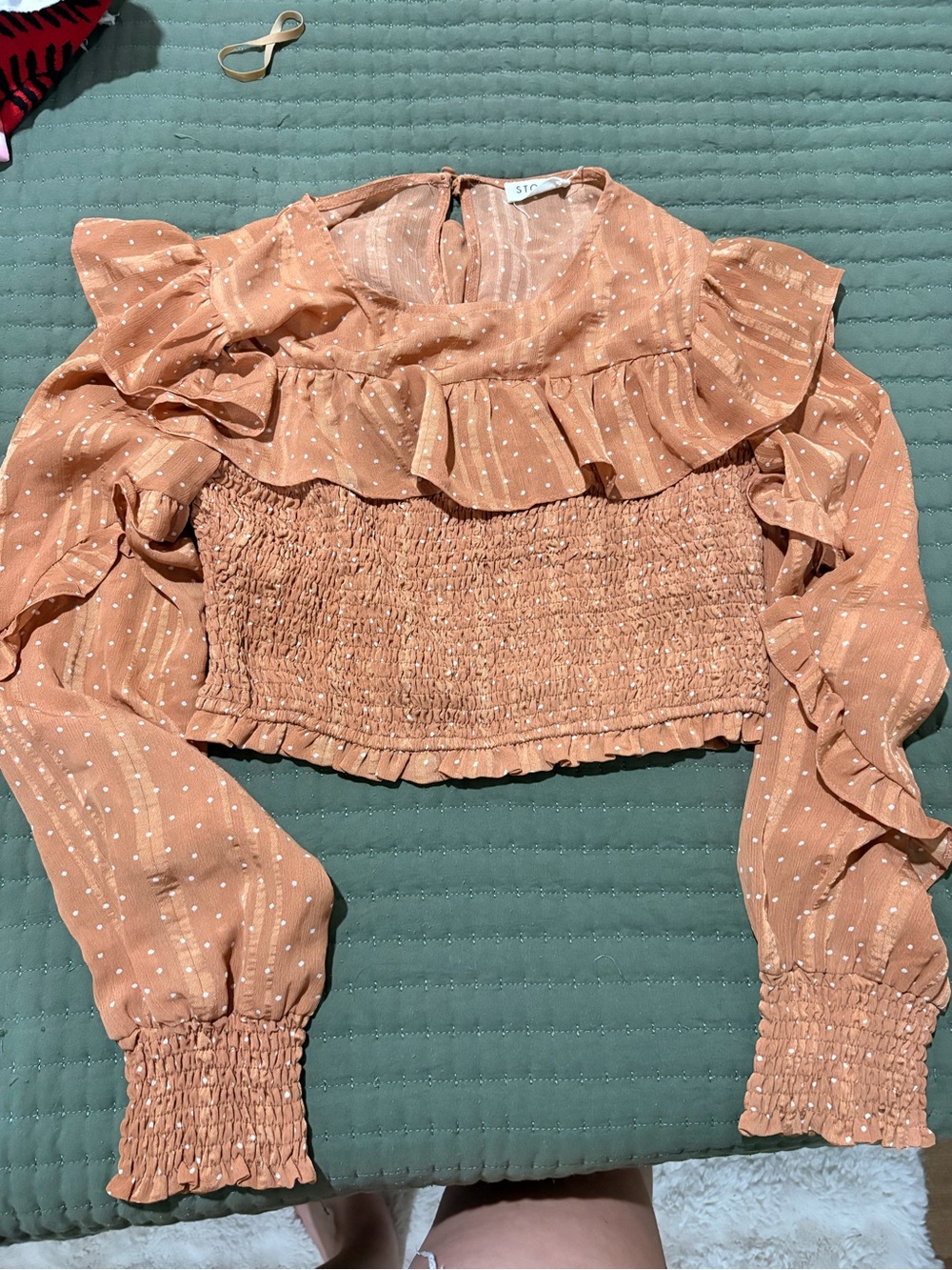 Storia Peach Polka-Dot Ruffle Smocked Crop Top